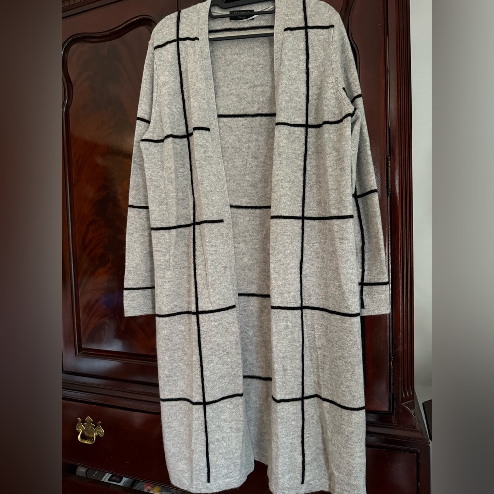 Charter Club Gray and Black 100% Cashmere Checkered Duster Cardigan Size L